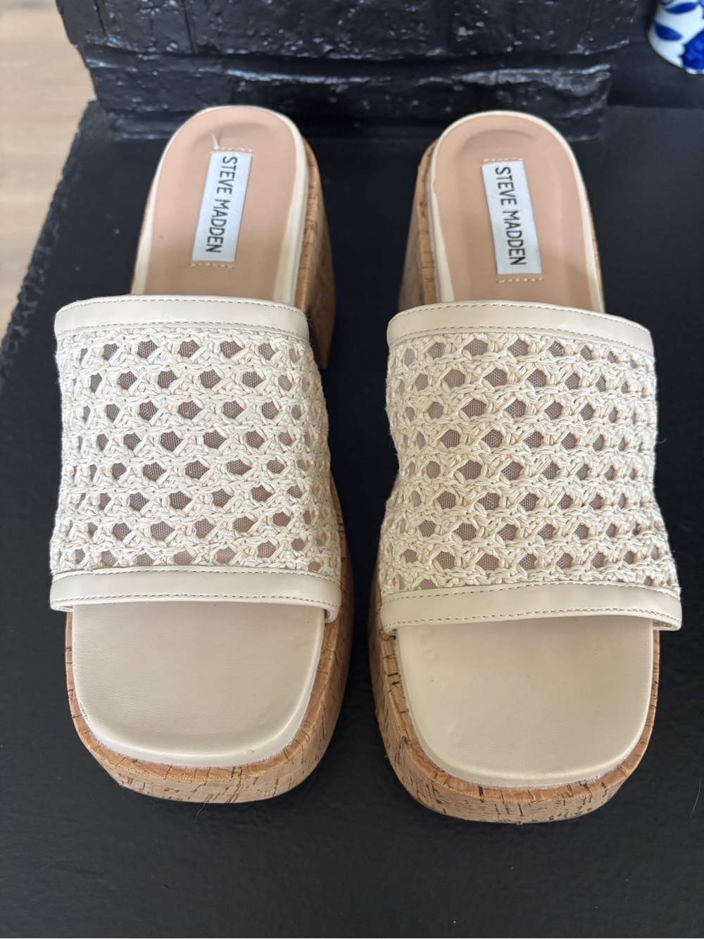 Steve Madden Cream Woven Cork Platform Mules